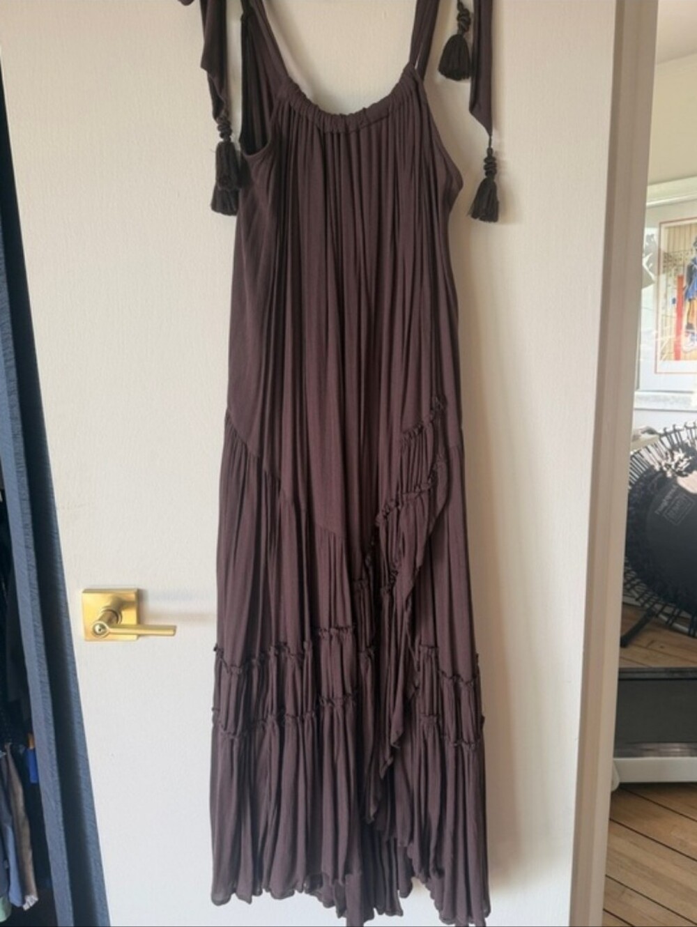 Free People NWT Brown Maxi Dress with Tassel Shoulder Ties